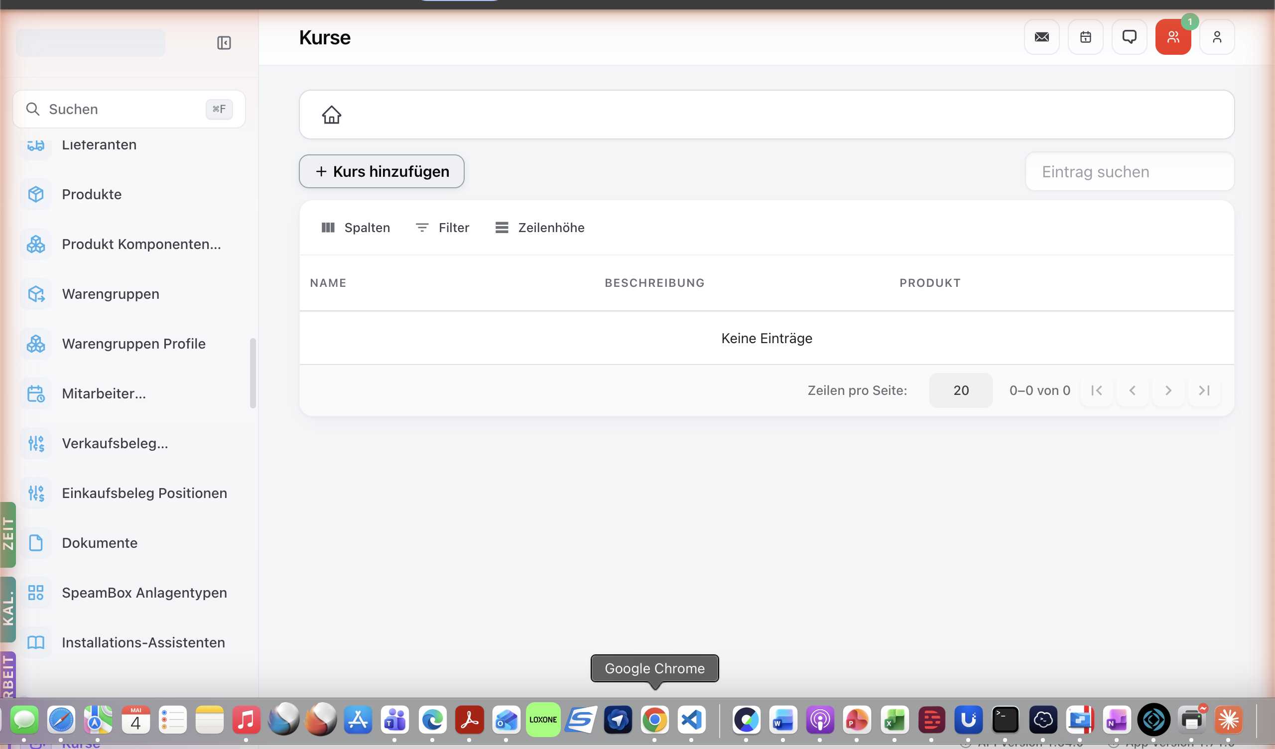Kurse-Modul mit Tabelle der Kurs-Stammdaten — Spalten Name, Beschreibung, Produkt.
