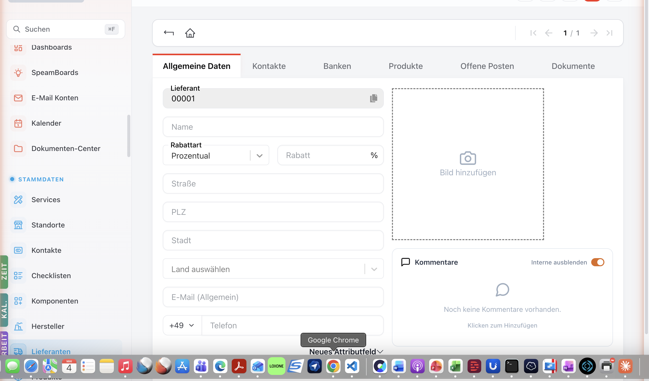 Lieferanten-Detail mit Tabs Allgemeine Daten / Kontakte / Banken / Produkte / Offene Posten / Dokumente.