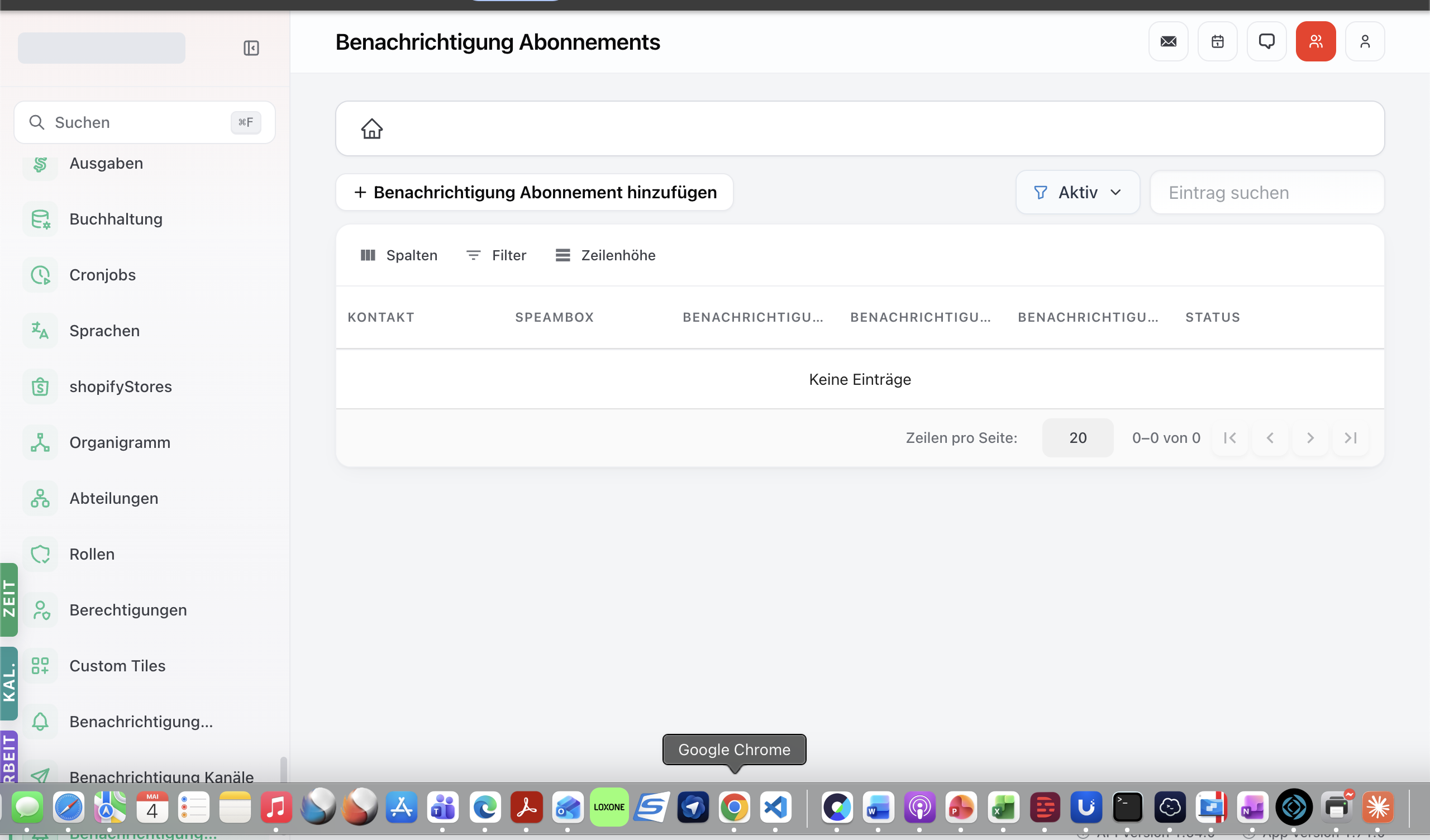 Notification-Subscriptions-Modul mit Tabelle der Empfänger-Zuordnungen.