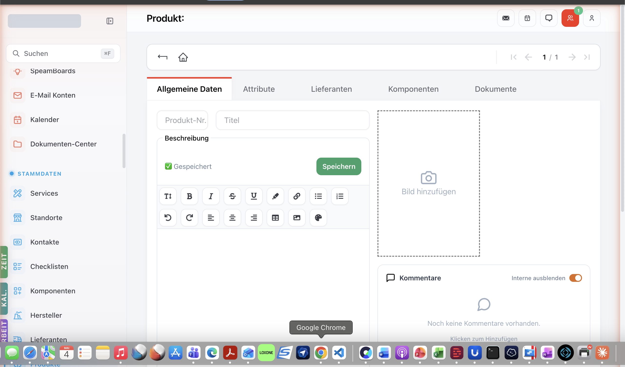Produkt-Detail mit Tabs Allgemeine Daten / Attribute / Lieferanten / Komponenten / Dokumente und WYSIWYG-Beschreibungs-Editor.