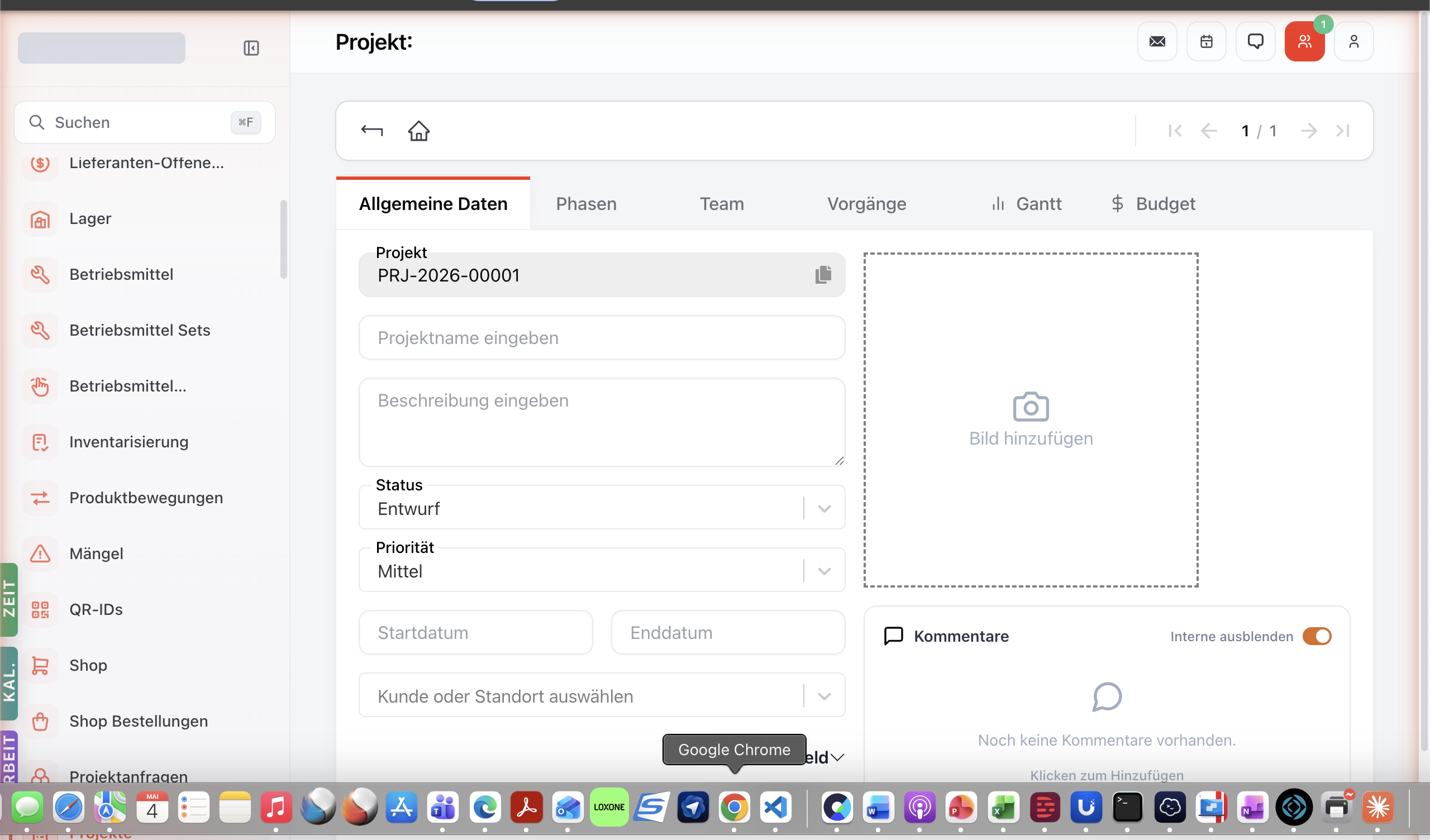 Projekt-Detail Tab Allgemeine Daten — Pflichtfelder Projektname, Beschreibung, Status (Entwurf), Priorität (Mittel), Start-/Endedatum, Kunde/Standort.