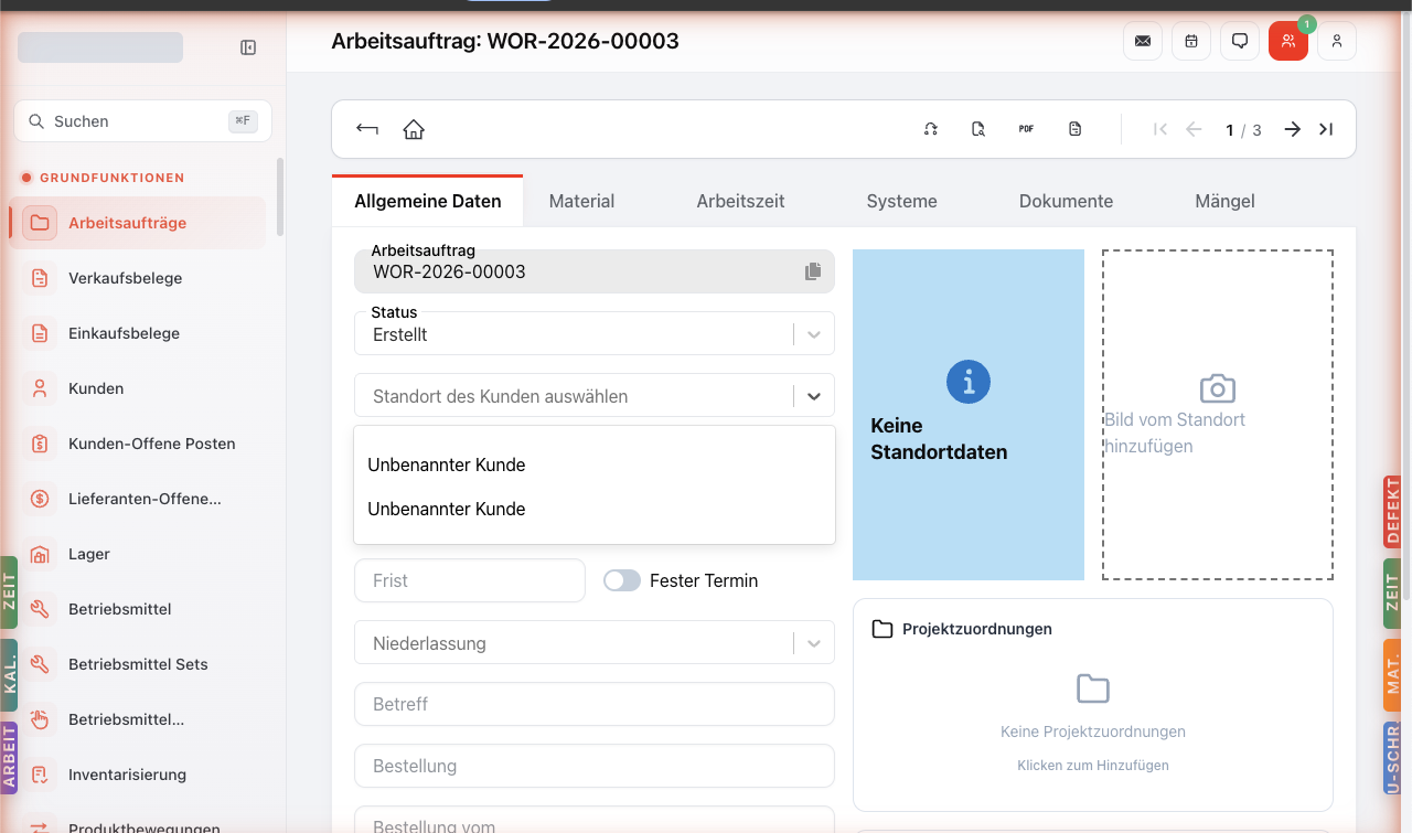 Standort-Dropdown geöffnet, zeigt zwei Standorte 'Unbenannter Kunde' zur Auswahl.