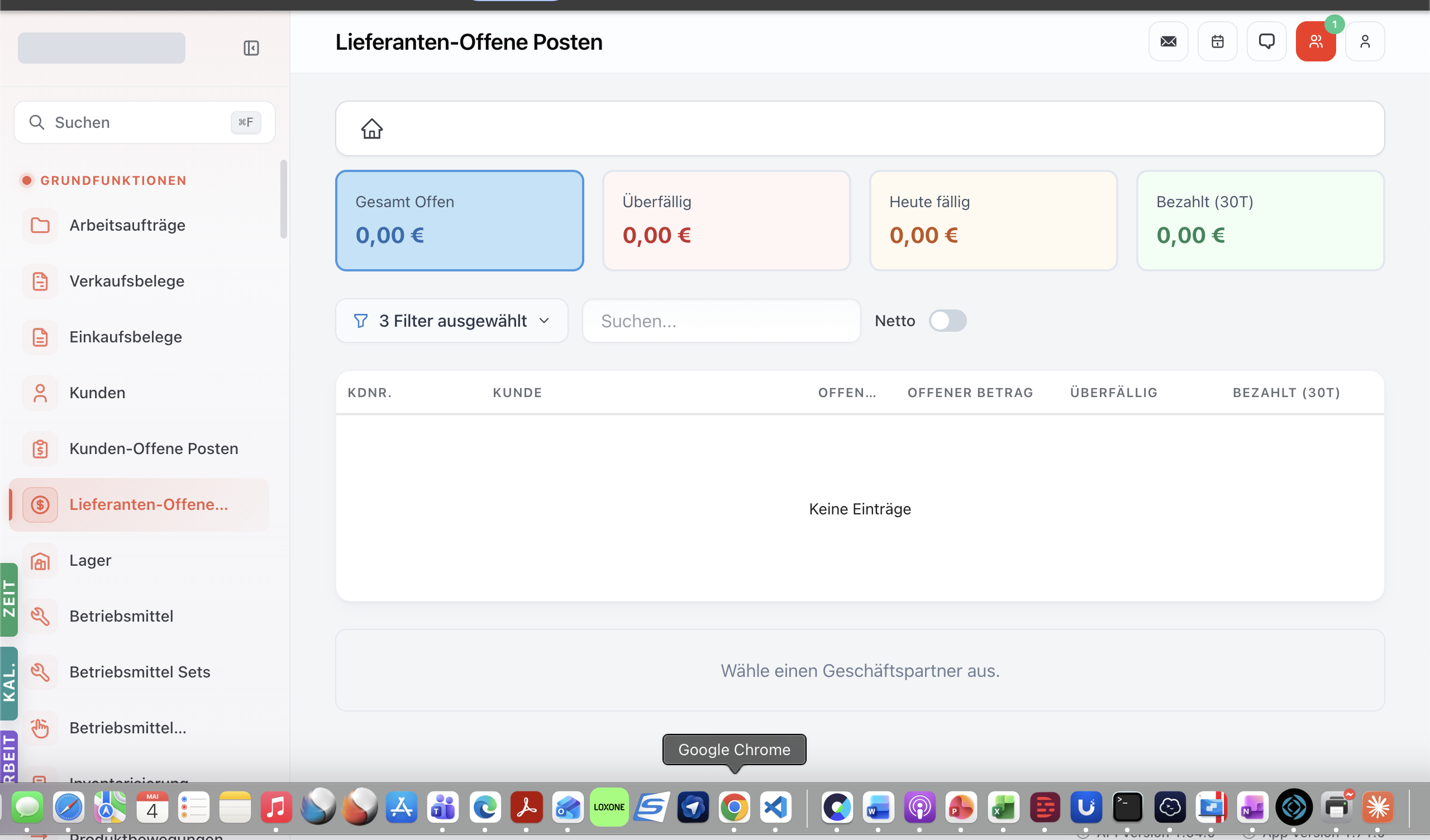 Lieferanten-Offene-Posten-Modul mit Tabelle aller offenen Verbindlichkeiten.