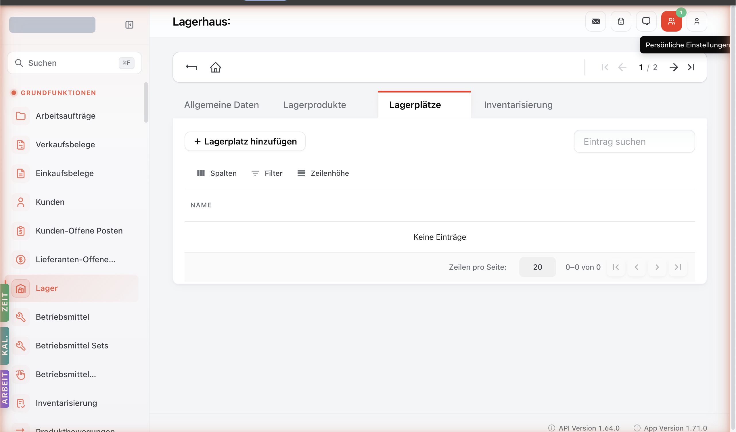 Lagerplätze-Tab im Lager-Detail mit Liste der Plätze.