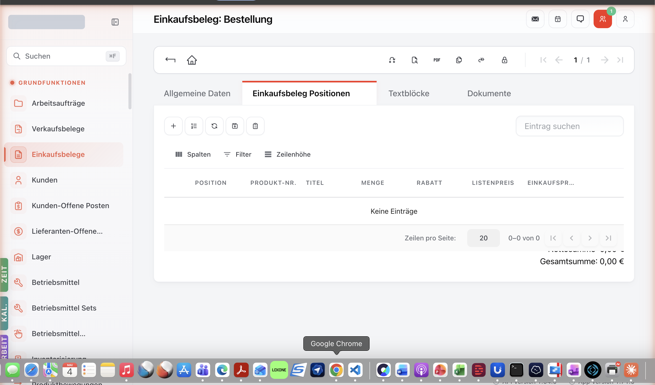 Tab Einkaufsbeleg-Positionen mit Toolbar (Position hinzufügen, GAEB-Import, Pos.-Nr. neu) und Spalten Position, Produkt, Titel, Menge, Preis, Summe.