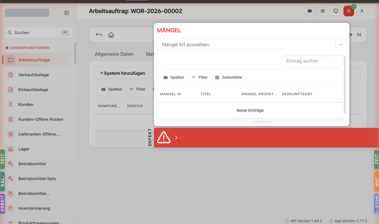 Mängel-Modal nach Klick auf den Defekt-Button. Header MÄNGEL in Rot, Dropdown 'Mangel Art auswählen', Suchfeld, Tabelle mit Spalten Mangel ID, Titel, Mangel Priorität, Herkunftsort.