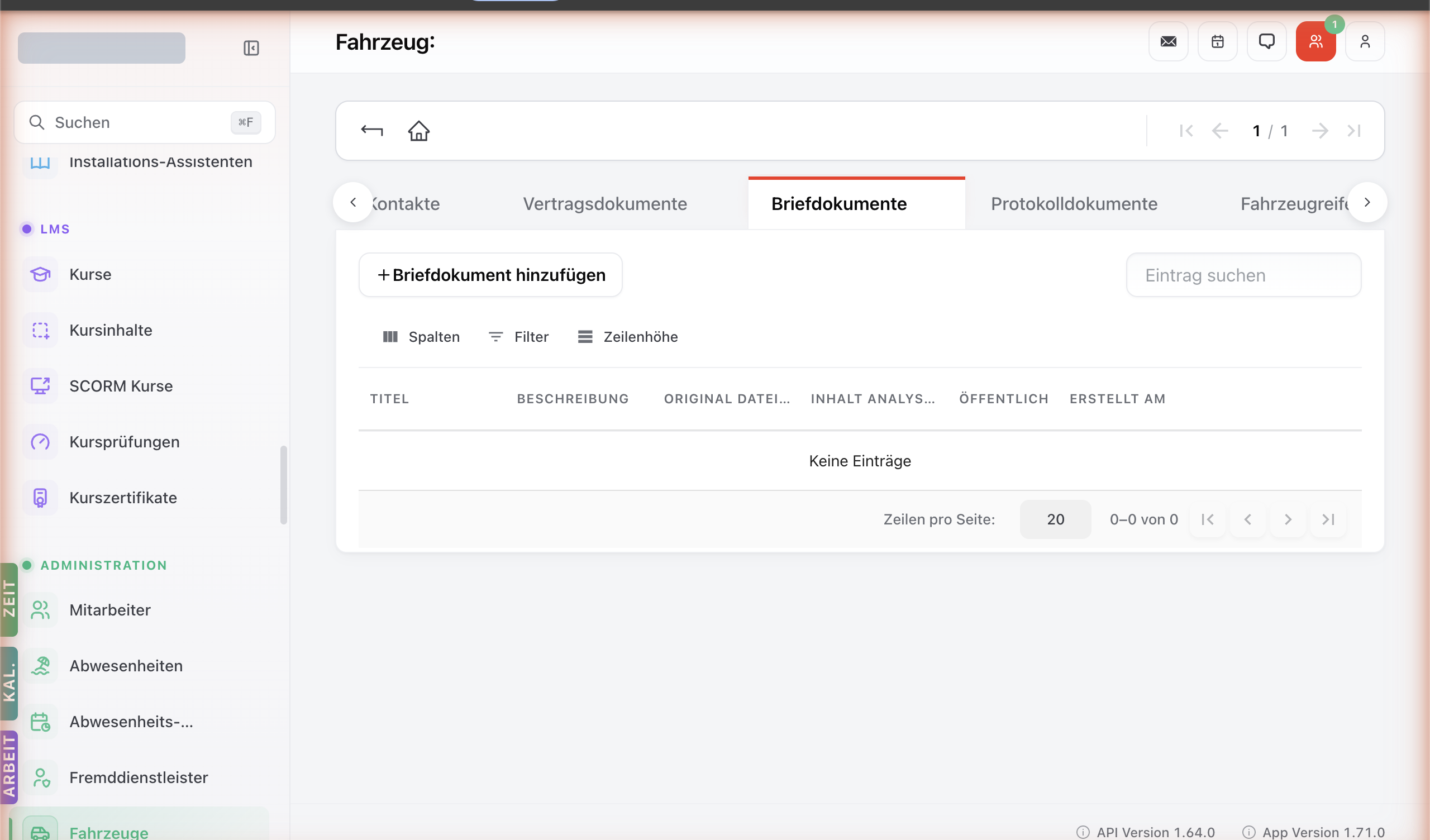 Fahrzeug-Detailseite mit Tab Briefdokumente — Ablage für Fahrzeugschein, Versicherungs-Police etc.