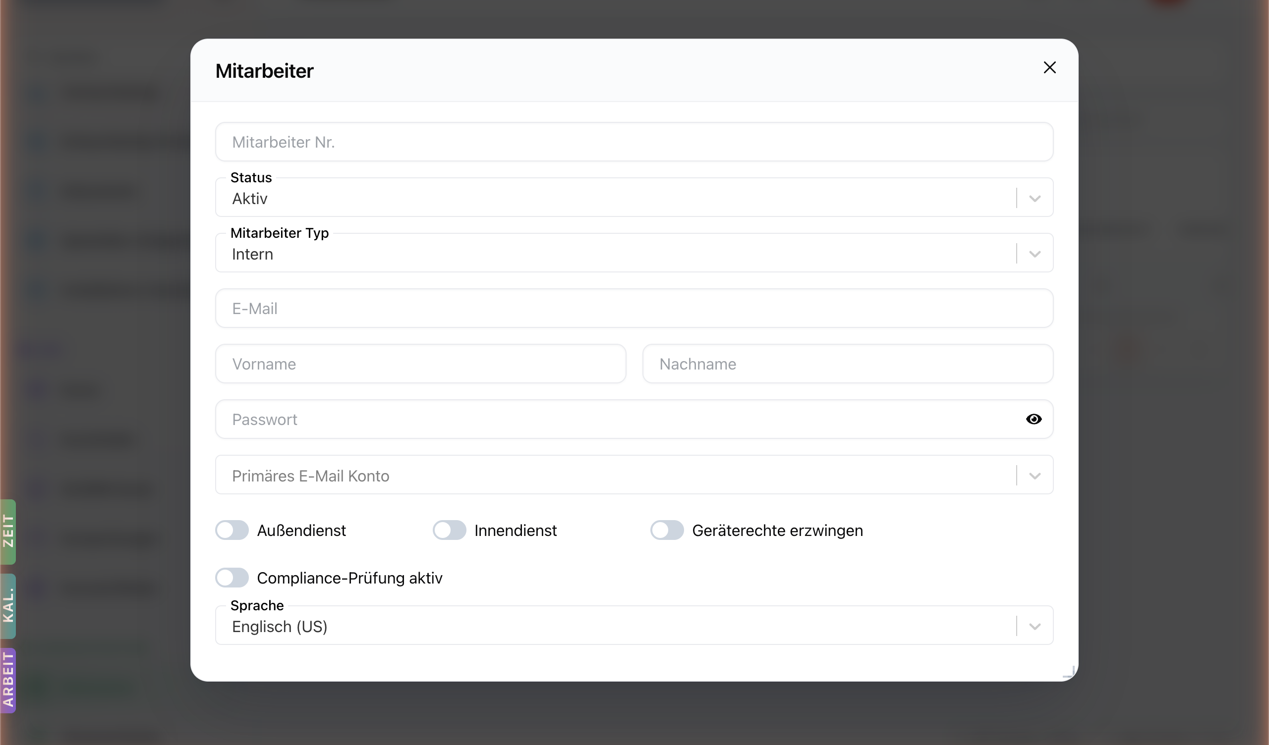 Mitarbeiter-Modal beim Anlegen — leere Eingabefelder mit Toggles für Außendienst/Innendienst/Geräterechte/Compliance.