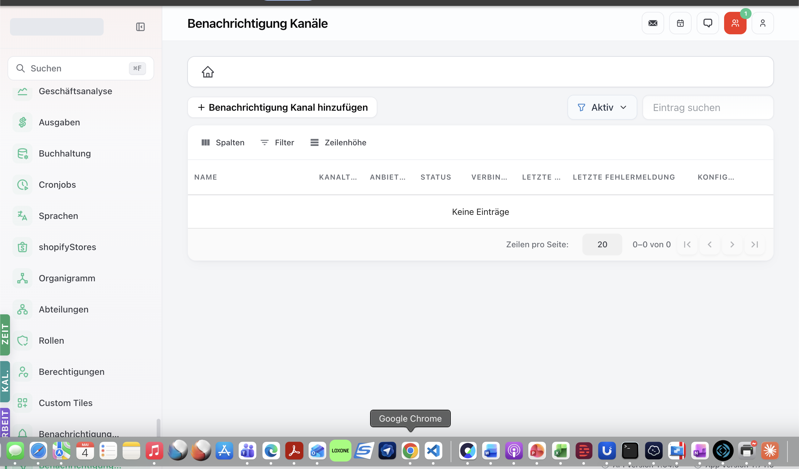 Notification-Channels-Modul mit Tabelle der konfigurierten Mail / SMS / Push-Channels.