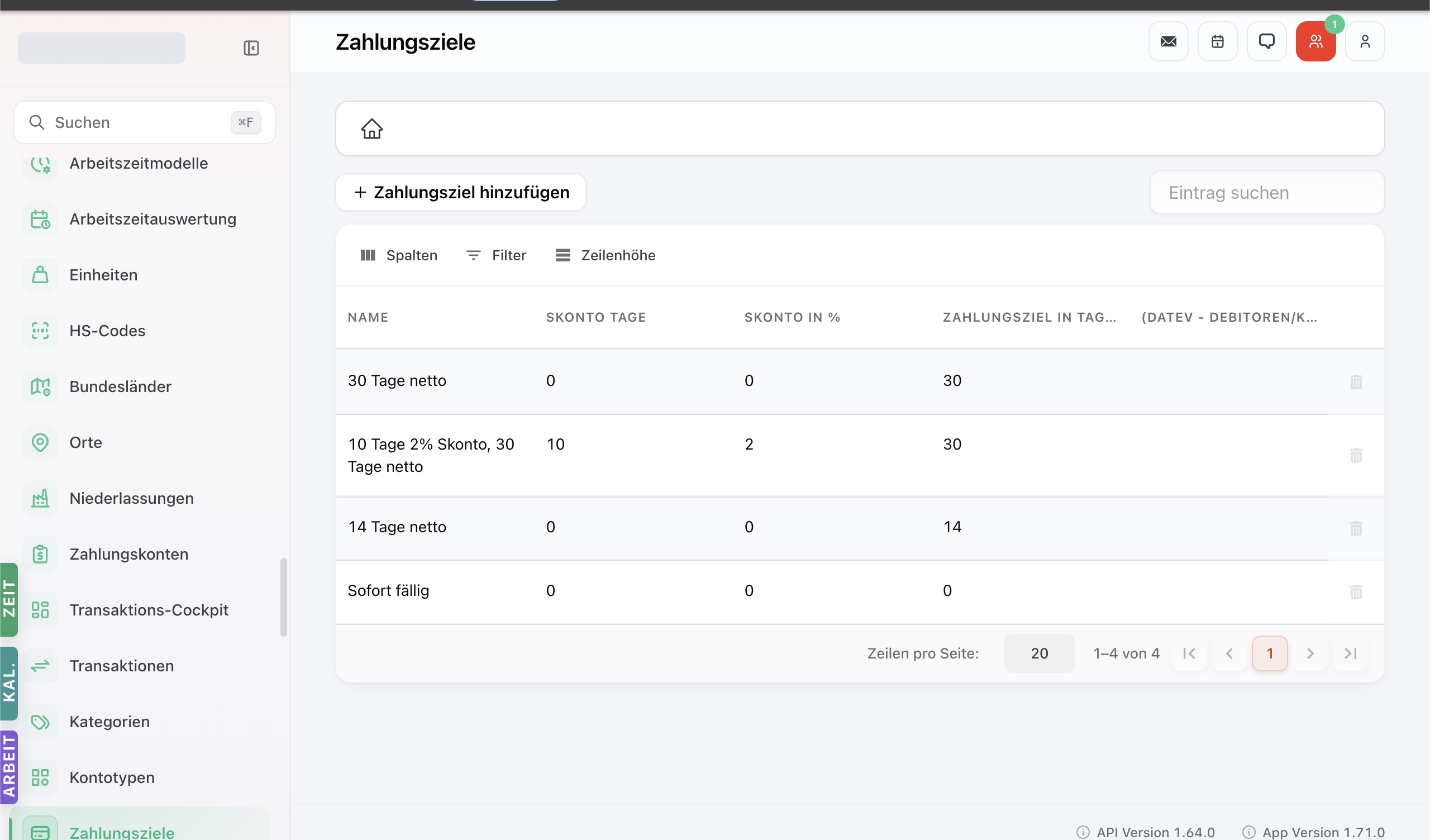 Zahlungsziele-Modul mit Tabelle der definierten Bedingungen.