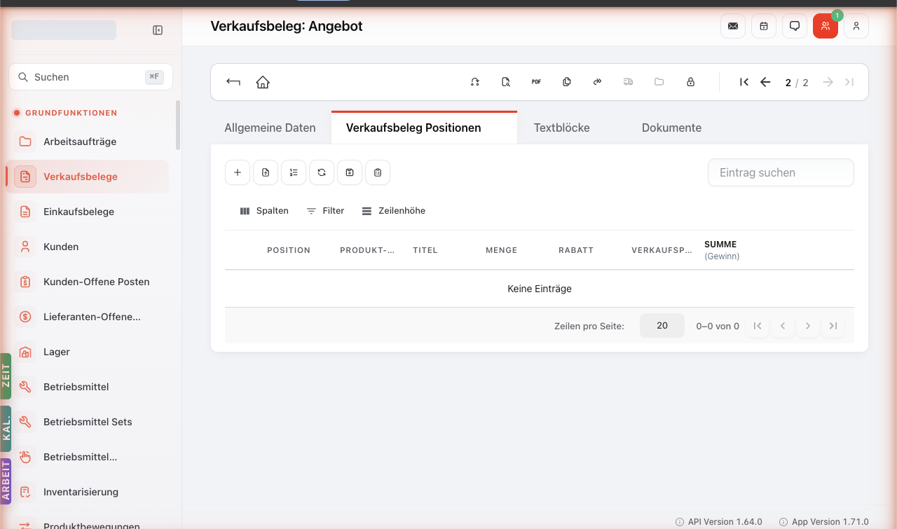 Verkaufsbeleg-Positionen-Tab leer. 6-Icon-Toolbar oben (+ Position hinzufügen, GAEB-Import, Pos.-Nr. neu nummerieren, Produktdaten aktualisieren, Vorlage speichern, Vorlage laden). Tabelle mit Spalten Position, Produkt-Nr., Titel, Menge, Rabatt, Verkaufspreis, Summe Gewinn.