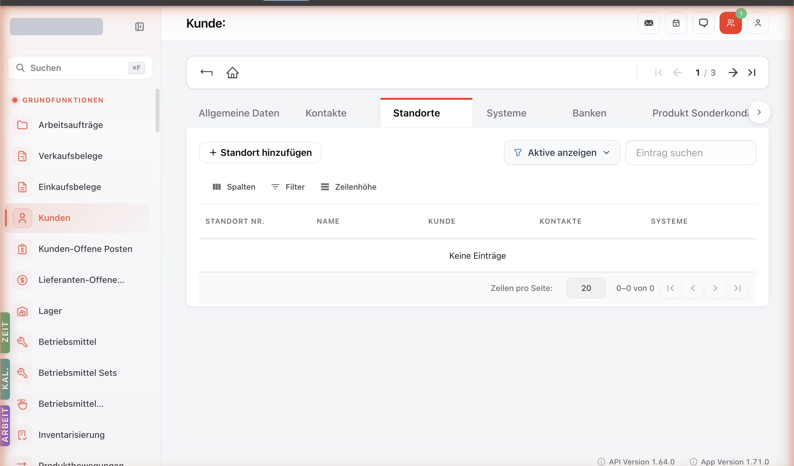 Kunden-Detailseite Tab Standorte — Liste aller Standorte des Kunden.
