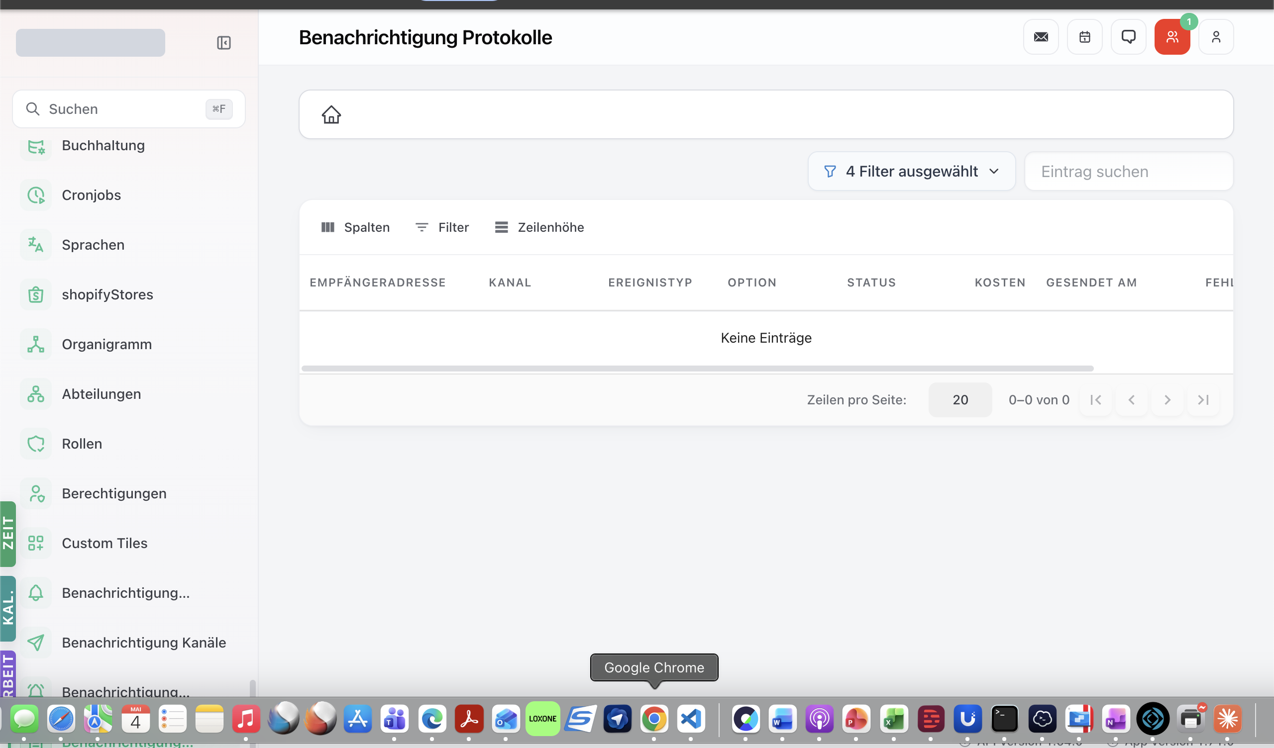 Notification-Logs-Modul mit Tabelle der versendeten Notifications und Status pro Eintrag.