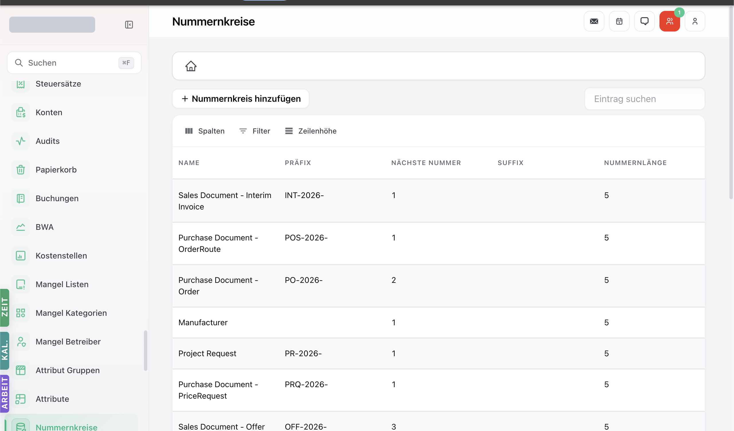 Nummernkreise-Modul mit Tabelle der Nummern-Schemata.