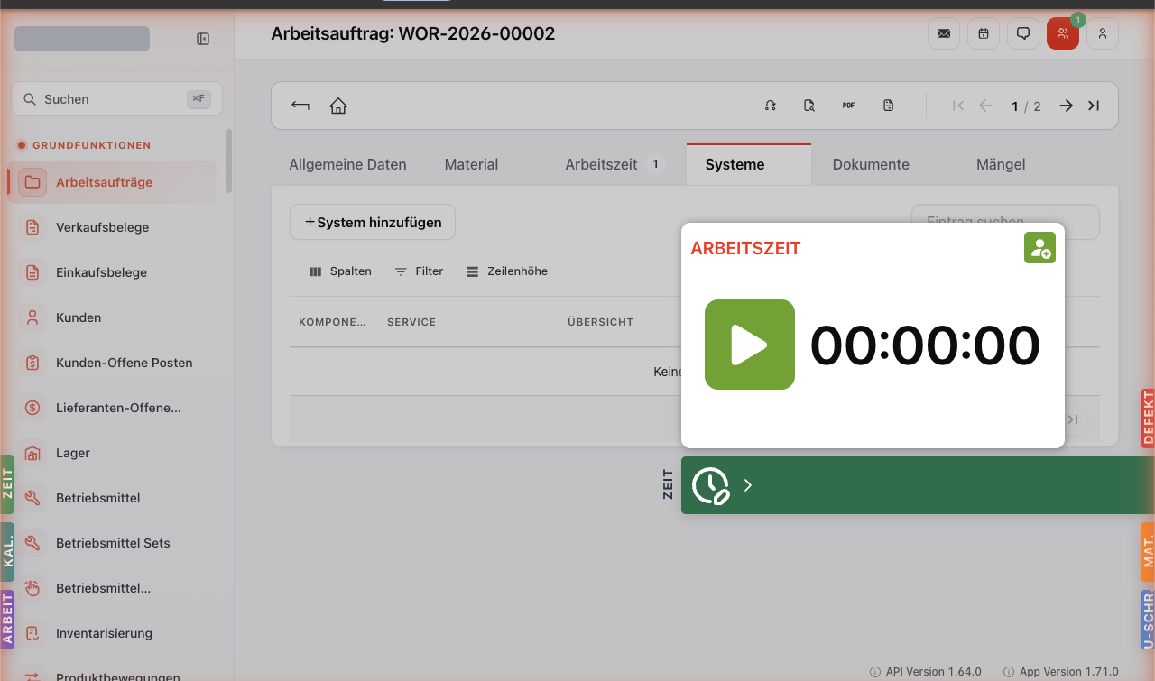 Zeit-Modal mit Play-Button, Timer-Anzeige 00:00:00, Person-Add-Symbol oben rechts und Stift-Icon unten für manuelles Nachtragen.