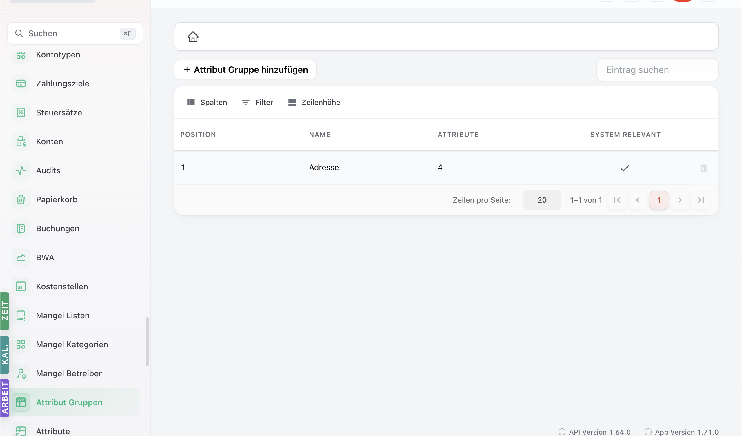 Attribut-Gruppen-Modul mit Tabelle der Custom-Attribute-Gruppen.