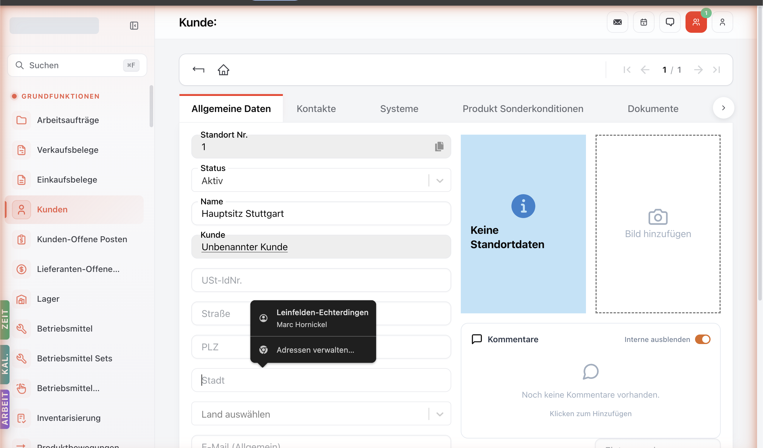 Standort-Detailseite mit Tabs Allgemeine Daten / Kontakte / Systeme / Produkt-Sonderkonditionen / Dokumente.