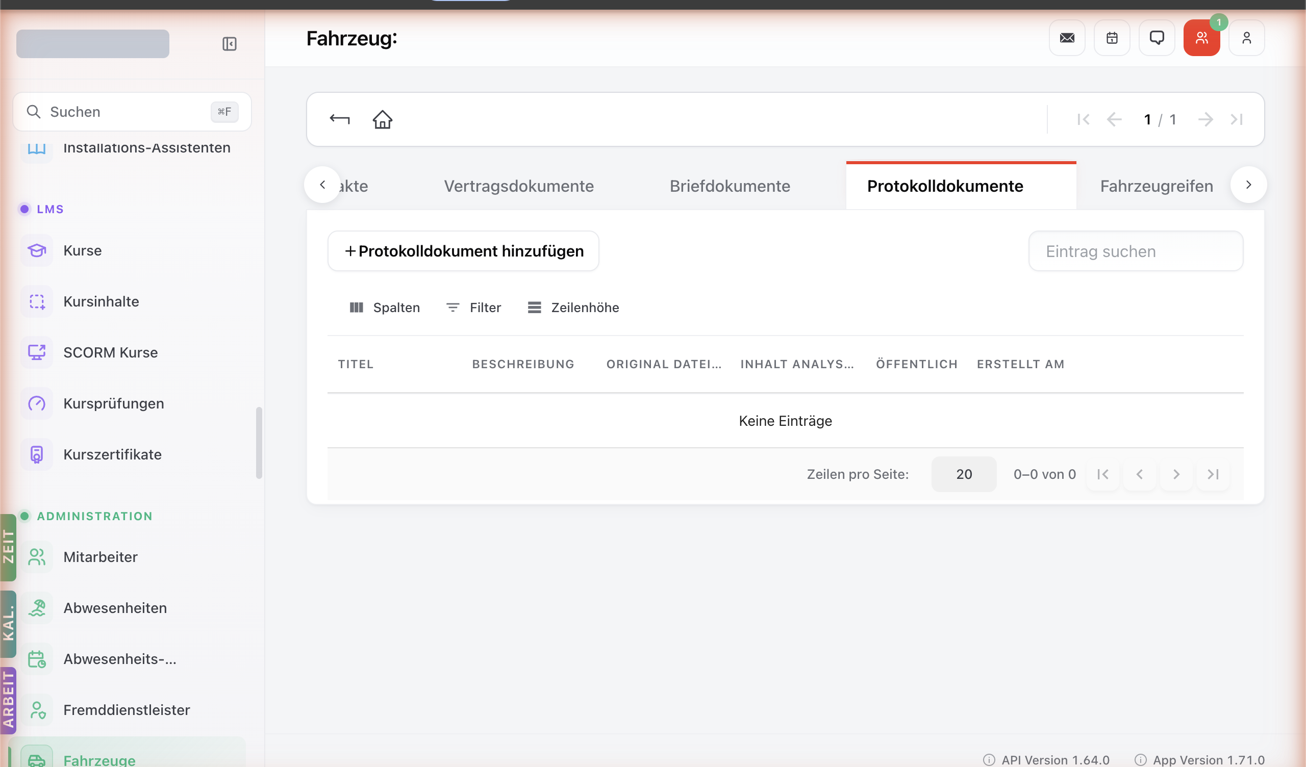 Fahrzeug-Detailseite mit Tab Protokolldokumente — Ablage für TÜV/HU-Berichte, AU-Protokolle, Inspektions-Belege.