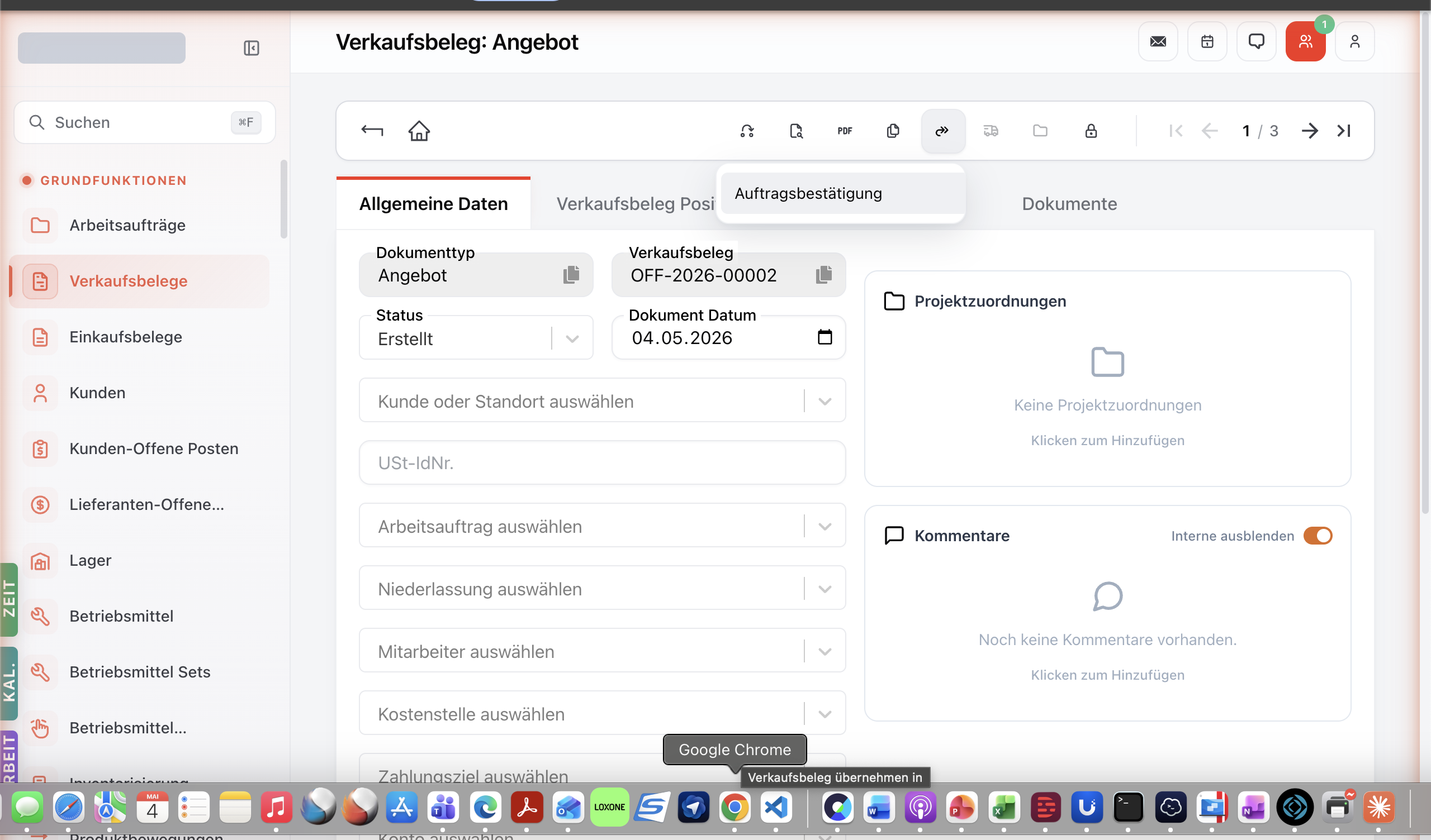 Sales-Document Toolbar 'Übernehmen in'-Dropdown mit Option Auftragsbestätigung.
