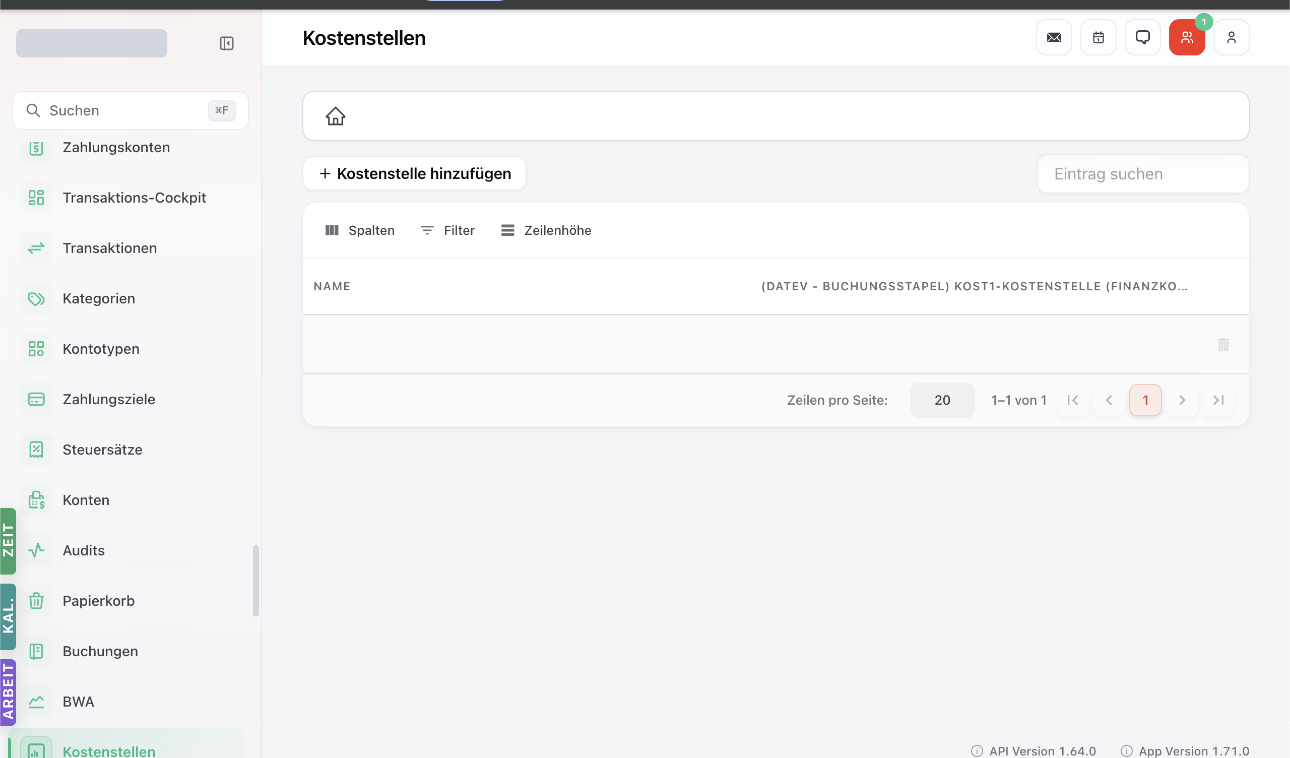 Kostenstellen-Modul mit Tabelle der Cost-Centers.