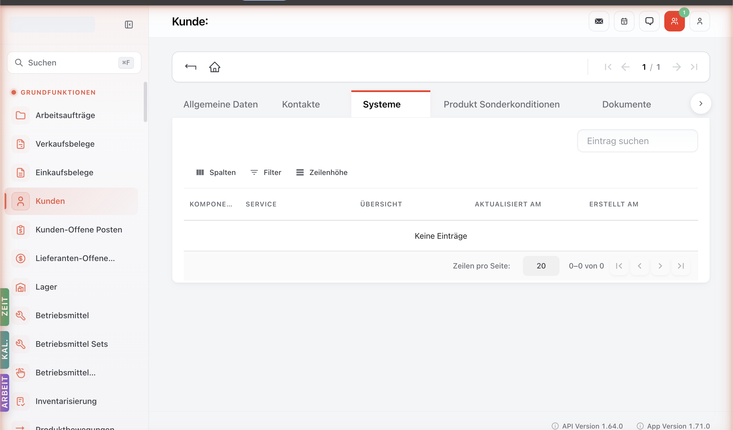 Standort-Detail Tab Systeme — Liste der verknüpften Anlagen mit Spalten Komponenten, Service, Übersicht.