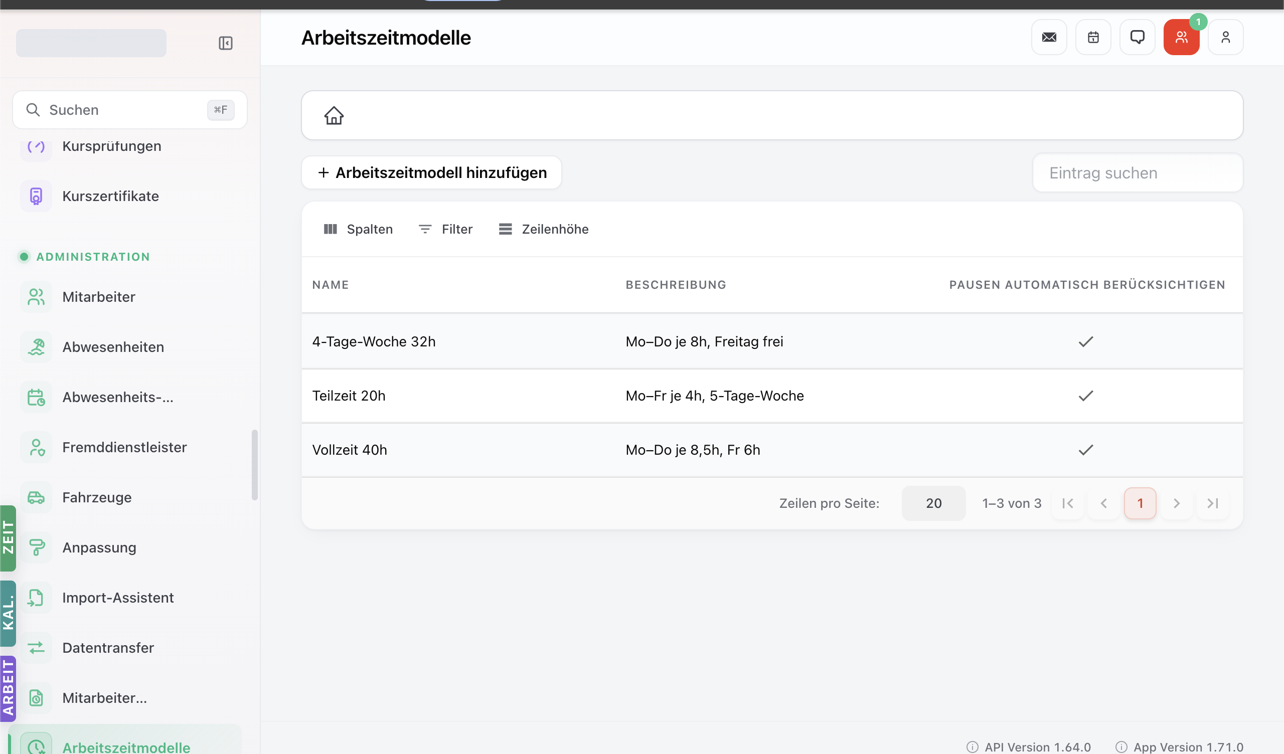 Arbeitszeit-Modelle-Modul mit Tabelle der definierten Modelle.