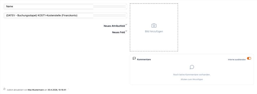 Kostenstelle-Detail mit Feldern Name und (DATEV - Buchungsstapel) KOST1-Kostenstelle (Finanzkonto). Beide Text-Inputs.