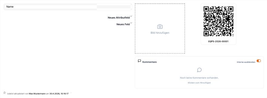 Set-Detail Tab Allgemeine Daten — nur ein Name-Feld, dazu Bild-Upload und QR-Code mit auto-vergebener Nummer EQPS-2026-00001