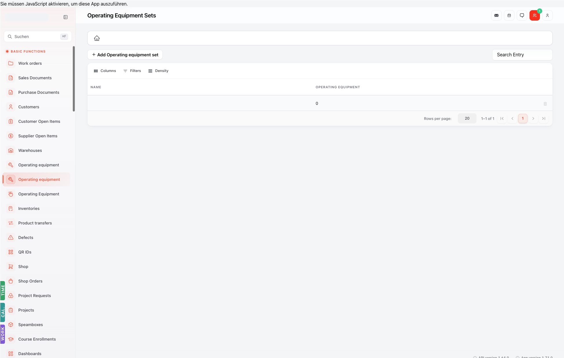 Betriebsmittel-Sets-Liste — leerer DataGrid mit Spalten Name und Betriebsmittel