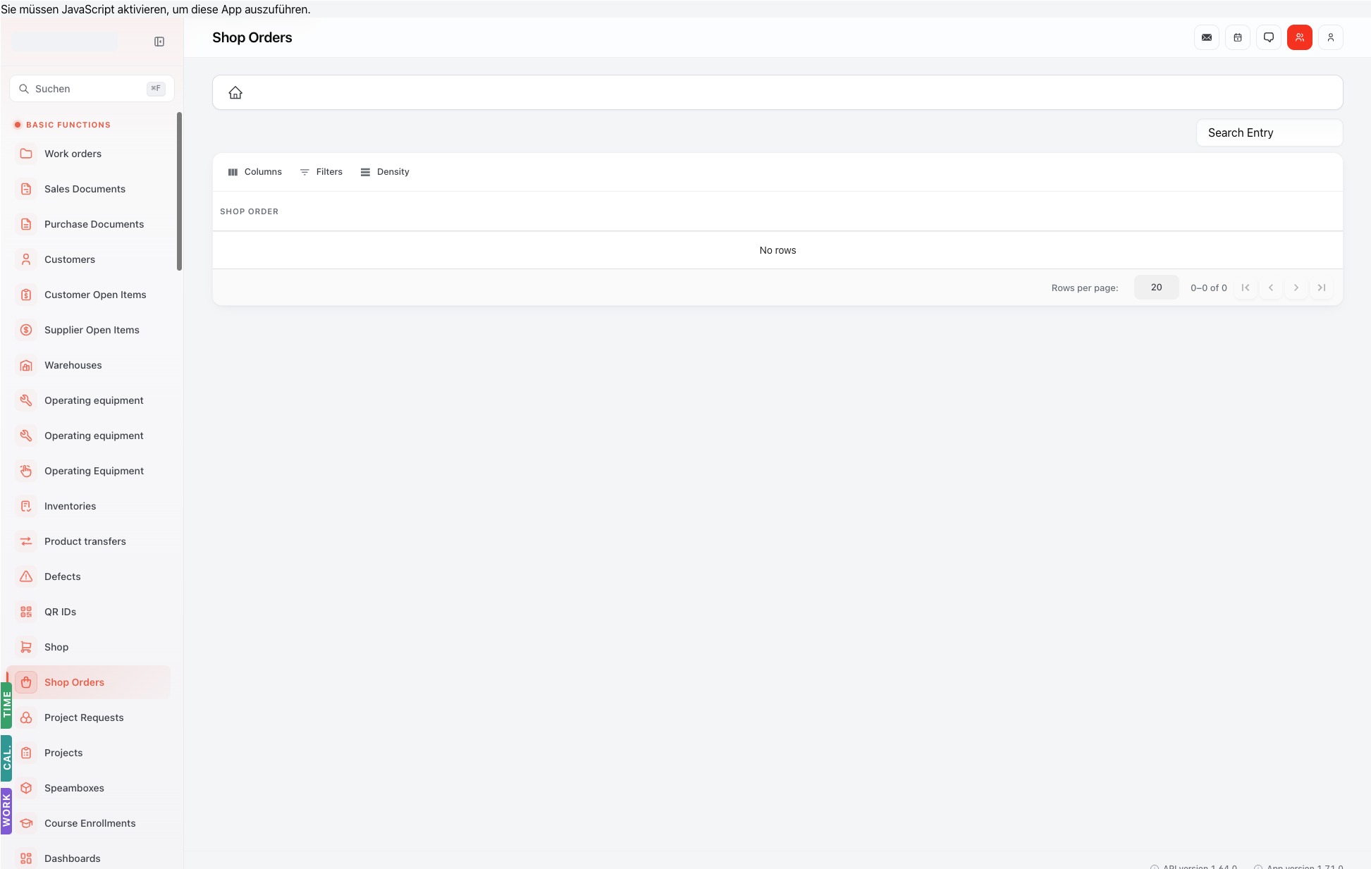 Shop-Bestellungen-Liste — read-only DataGrid, Bestellungen entstehen über den Shop-Frontend-Workflow nicht über die Listenseite
