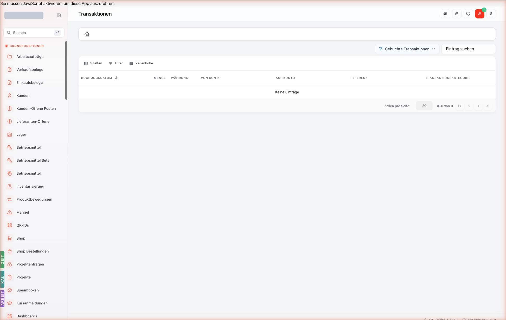 Transaktionen-Liste mit DataGrid (Demo-Mandant leer; Spalten und Filter sichtbar)