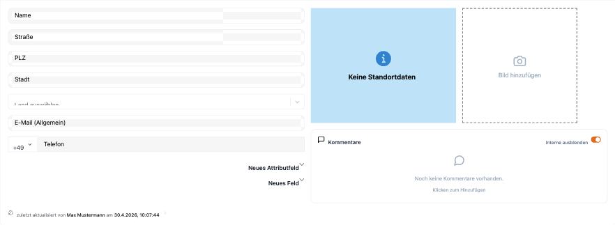Lager-Detailseite — Tab Allgemeine Daten mit Stamm-, Adress-, E-Mail- und Telefonfeldern; Tabs Allgemeine Daten, Lagerprodukte, Lagerplaetze, Inventarisierung