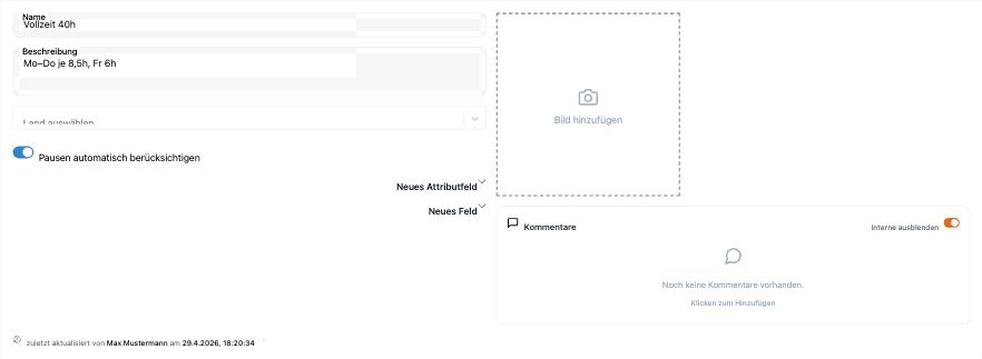 Arbeitszeitmodell-Detail Tab Allgemeine Daten — Name, Beschreibung, Land-Select, Pausen-Switch und Tab Wochentage.