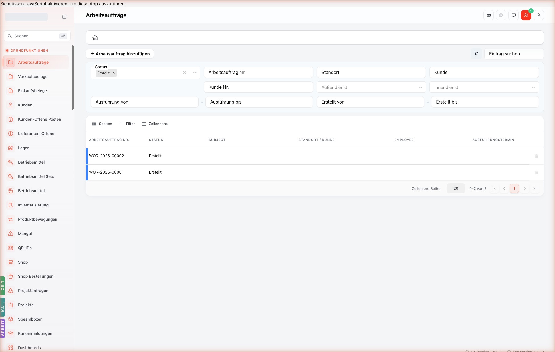 Workorders-Liste — DataGrid mit Filter-Bar (Status, Workorder-Nr., Standort, Kunde, Außendienst/Innendienst, Ausführungsdatum-Range, Erstellt-Datum-Range), Spalten Workorder-Nr., Status, Subject, Standort/Kunde, Employee, Ausführungstermin