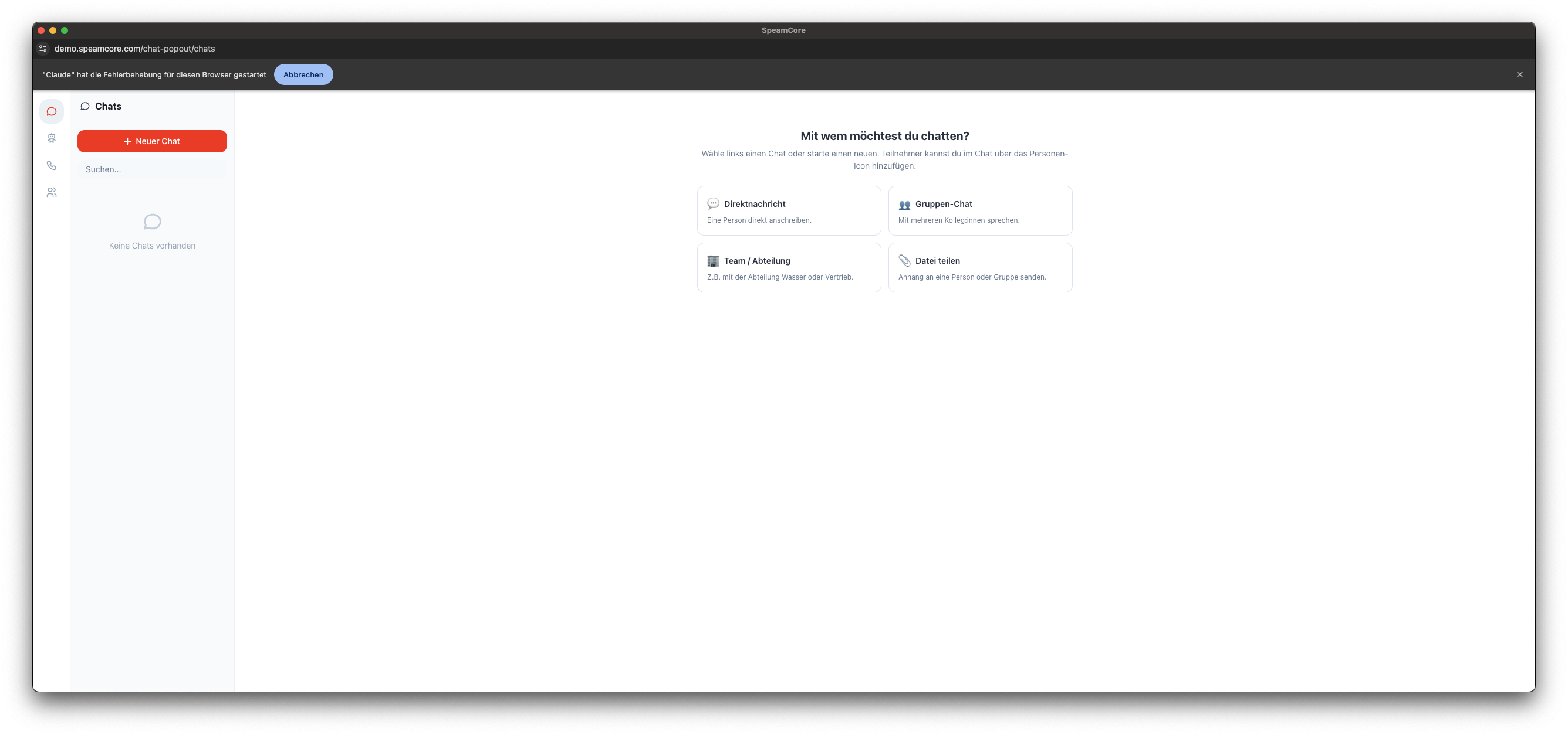 Memory-Sicht unter /chat/memory — links die Memory-Liste mit Suchfeld 'Memories durchsuchen', Scope-Filter 'Alle Scopes' und leerem Listen-Bereich. Rechts der Detail-Bereich mit Brain-Icon-Platzhalter und Hinweis 'Waehle eine Memory aus, um Details anzuzeigen'.