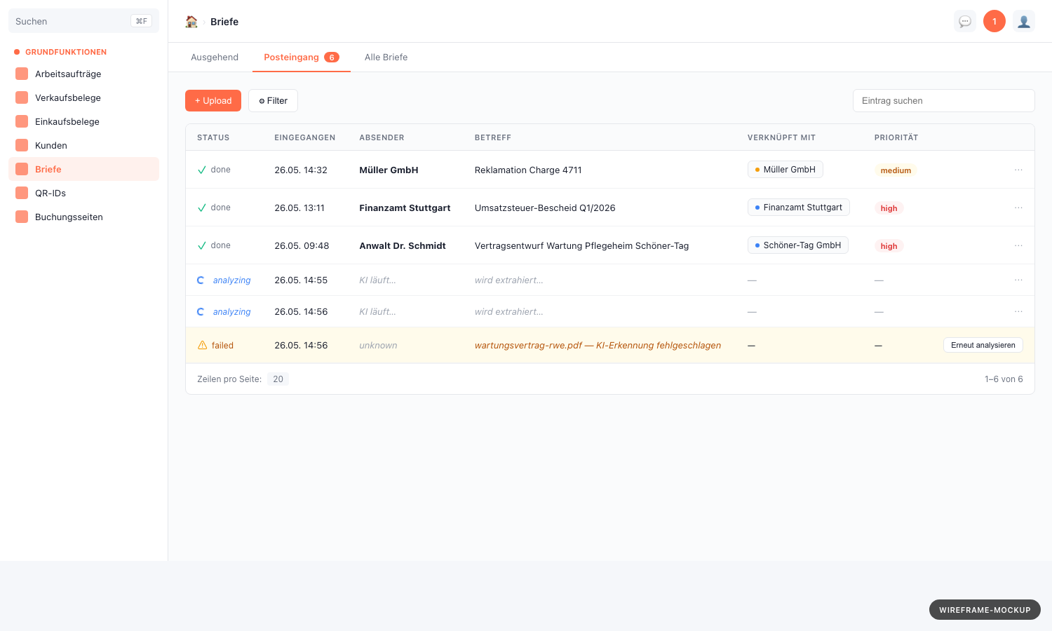 (Mockup) Posteingangs-Liste unter /letters Tab 'Posteingang'. Tabelle mit Spalten: Status-Icon, Eingegangen am, Absender, Betreff, Verknuepft mit, Prioritaet, Aktionen. Sechs Zeilen sichtbar — Mix aus Status-Zustaenden: Zeile 1 'Mueller GmbH' mit gruenem Haekchen-Icon 'done', Verknuepfung mit Supplier-Badge 'Mueller GmbH', Prioritaet 'medium'; Zeile 2 'Finanzamt Stuttgart' (done, Customer-Badge, Prioritaet 'high' rot); Zeile 3 'Anwalt Schmidt' (done, Customer-Badge, Prioritaet 'high' rot); Zeile 4 mit blauem Spinner und Text 'analyzing' (Absender-Spalte leer, Verknuepfung leer, kursiv 'KI laeuft'); Zeile 5 wie Zeile 4 (analyzing); Zeile 6 mit gelbem Warndreieck 'failed', Hinweis 'KI-Erkennung fehlgeschlagen — manuell pflegen', Aktions-Button 'Erneut analysieren'.